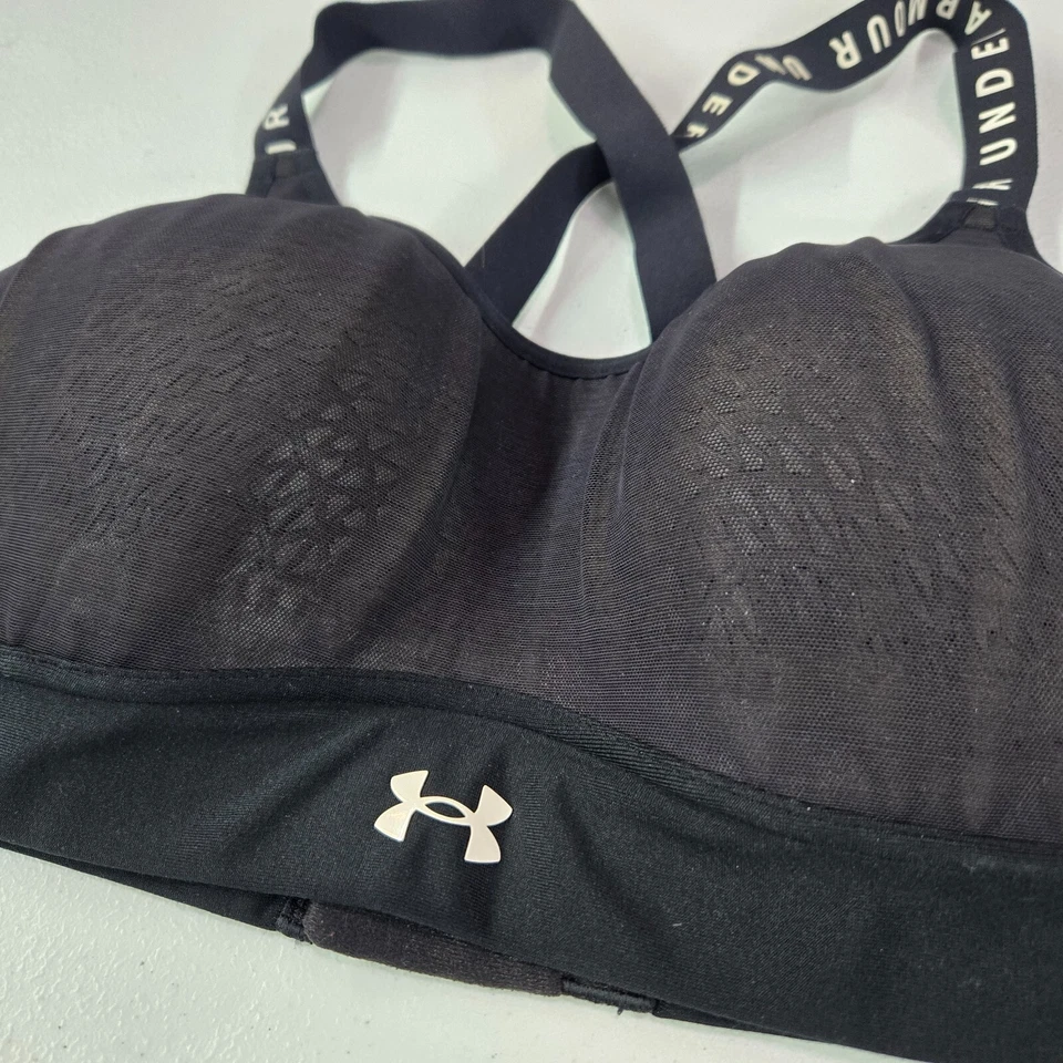 Sujetador deportivo Under Armour para mujer pequeño negro HeatGear ajustado acolchado malla logotipo Foto 3 de 4