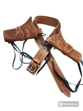 Western Double Gun Holster Belt – Brown Hand Tooled Leather .44/.45 Cowboy Rig