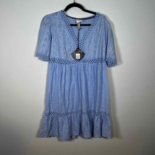 Mini Vestido Knox Rose S Crochet Bordado Cuello en V Manga Corta Azul BOHO NUEVO CON ETIQUETAS - Imagen 3 de 7