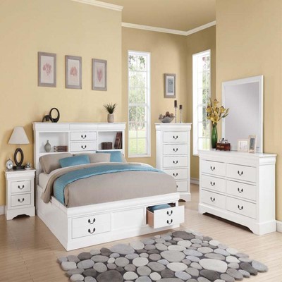 New Modern White Queen Bedroom Set Bed W Storage Mirror Dresser