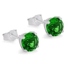925 STERLING SILVER MAY BIRTHSTONE GREEN SIMULATED ROUND EMERALD STUD EARRINGS
