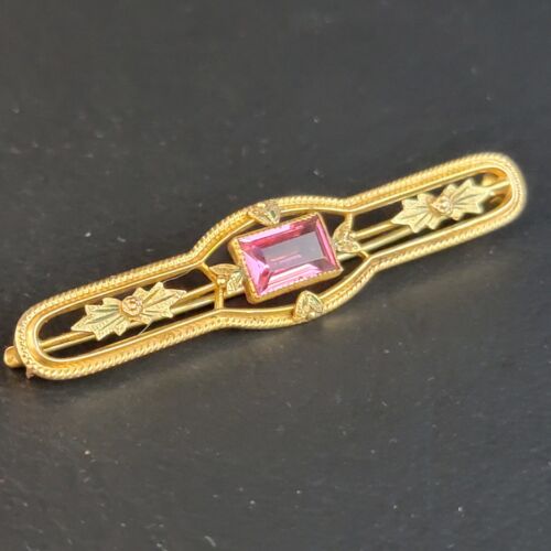 Pink Kunzite & 10K Yellow Gold Antique Floral Filigree Bar Brooch Pin - Picture 1 of 6