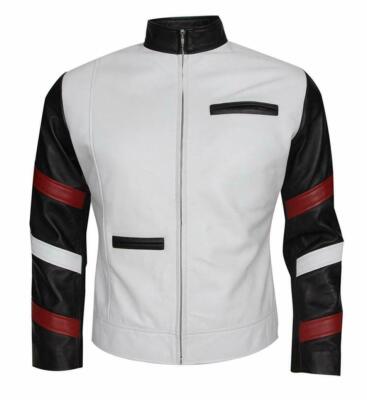 Bruce Lee Vintage Classic White Real Leather Jacket Motorbike Café Racer Jacket