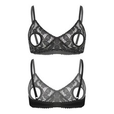 US Women Lace Sheer Open Nipple Bra Underwear Wireless Plunge Bralette Brassiere