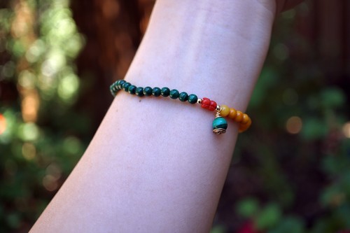 Genuine Malachite and Amber Coral Beaded Bracelet 4MM Tiny Charm Bracelet - Picture 6 of 9