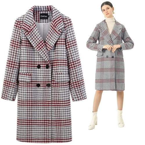 Women’s Winter lapel Collar Woolen Plaid Double Breasted Long Peacoat Jacket XL.