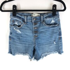 Mudd Blue Medium Wash Distressed Raw Hem High-Rise Midi Denim Jean Shorts Size 9