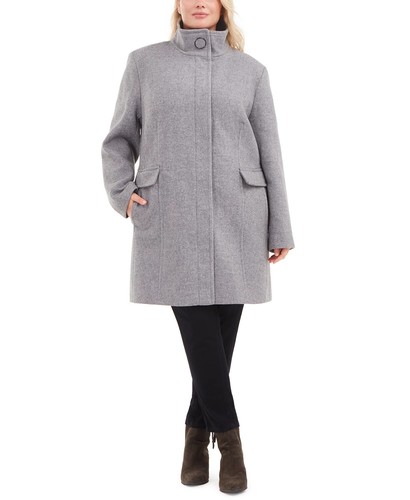 Calvin Klein Plus Size Stand-Collar Walker Coat, Created for Macy's - Grey Herringbone