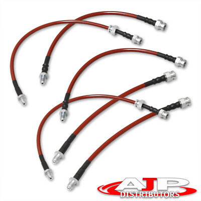 Red 6PC F+R Racing Stainless Steel Brake Line Kit For 1984-1992