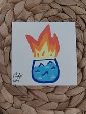 3x3 Inch Acrylic Painting On Watercolor Paper Water Bowl Fire Plant Abstract M1