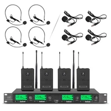Wireless Microphone System Pro UHF 4 Channel 4 Lavalier Bodypacks 4 Lapel Mic...
