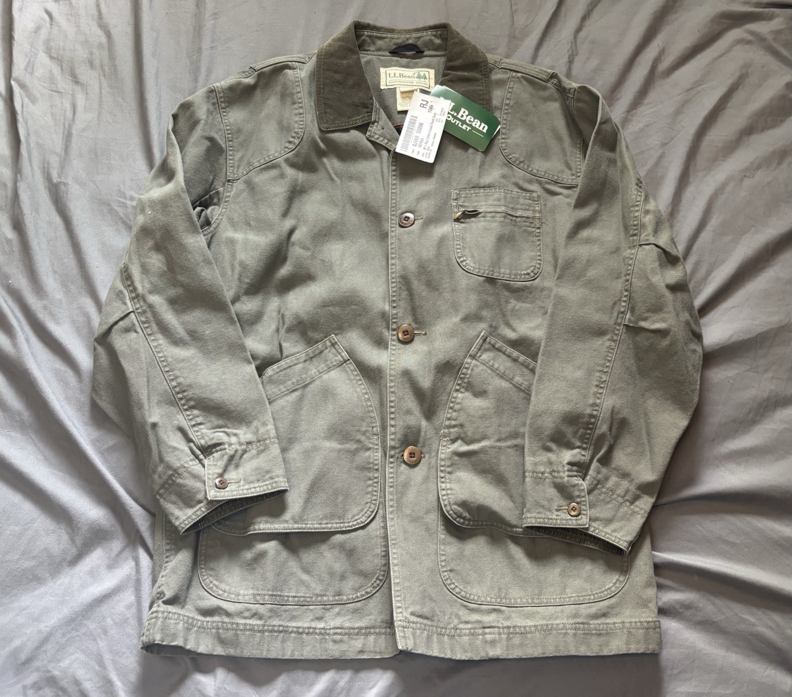 LL Bean Original Field Chore Coat Mens Large Olive 187059 Cotton Plaid Lining