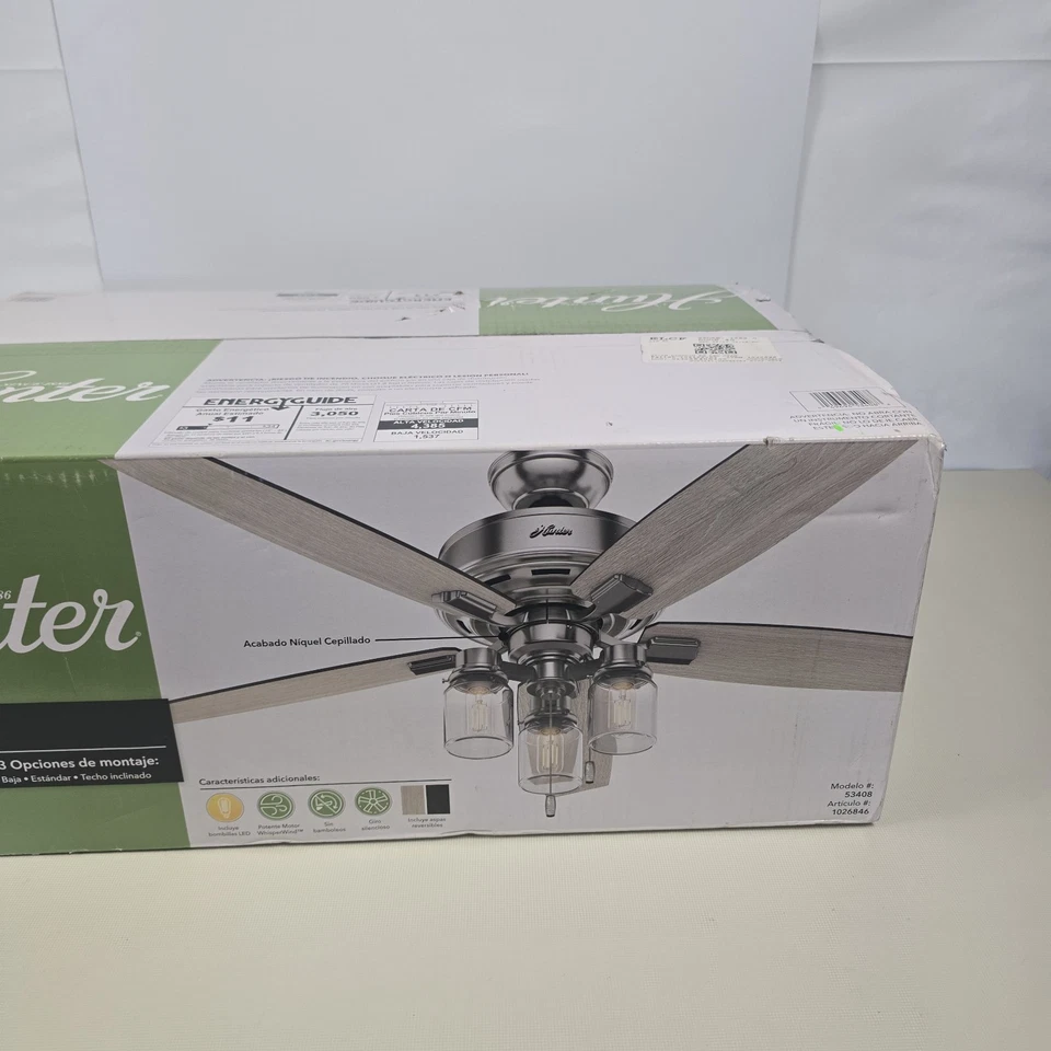 Hunter Lincoln 52 inch Ceiling Fan with LED Light - Brushed Nickel (53408) - Image 3 of 4