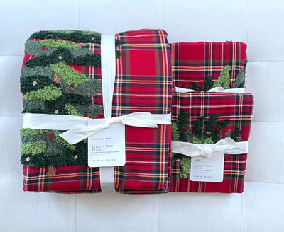 Pottery Barn ELLIOT TREE EMBROIDERED PLAID Duvet King & 2 Euro Shams Holiday NWT