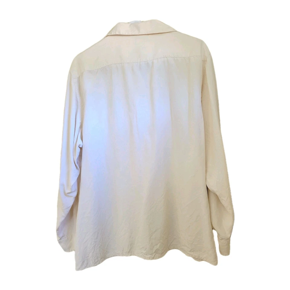 Camisa vintage para mujer 100 % seda crema abotonada manga larga cuello con bolsillos Foto 4 de 4