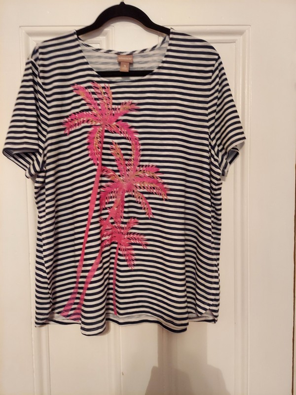 Chico's Blue & White Striped Round Neck Short Sleeve Tee w/ Pink Palm Tree sz 2