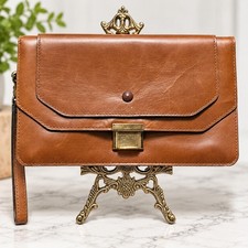 Vintage Leather Document Clutch Purse Wristlet Travel Portfolio Wallet Brown 70s