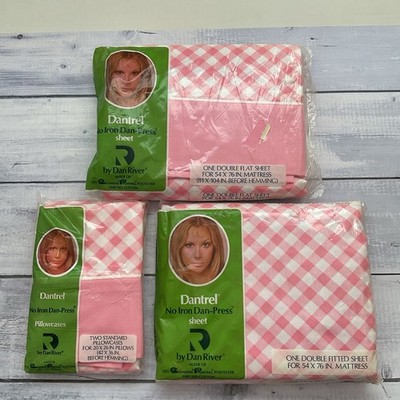 Dantrel Dan River Double Sheet Set Flat Fitted Pillowcases Pink White Check VTG 