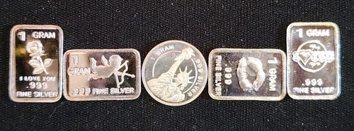 5 x 1 Gram .999 Fine Silver Bars and Round Lot Assorted Designs. Unique & Fun:)