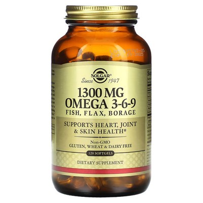 2 X Solgar, Omega 3-6-9, 1,300 mg, 120 Softgels