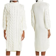 Farm Rio NWT White Midi Sweater Dress Off White Size XS Chunky Cable Knit Fringe