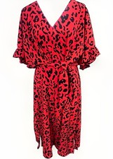WHO WHAT WEAR Women s Wrap Midi Dress Red/Black Leopard V-Neck Belted Size M