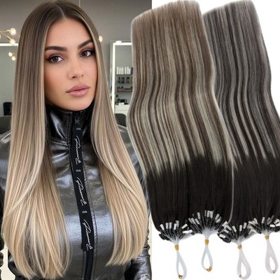 Thick Micro Loop Ring Beads 100% Remy Human Hair Extensions 1G/S Balayage Ombre
