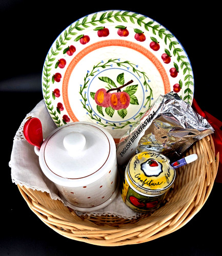10-pc  HOT TEA & JAM JELLY GIFT BASKET VIGNETTE Plate, Tea Caddy, Jam Jar, Doily