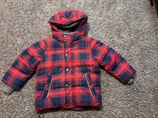 Mini Boden kids' red and navy blue plaid winter puffer jacket 3-4Y