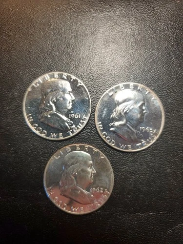 SET OF 3 SILVER PROOF FRANKLIN HALF DOLLARS  1961,1962,1963