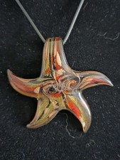Large Vintage Blown Glass Art Pendant on Leather Necklace Red Gold Starfish