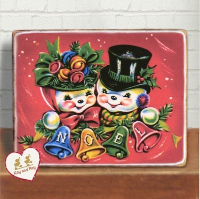Snow Couple Vtg image shelf sitter Winter Wonderland Christmas home decor WB-170
