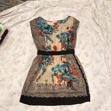 One Clothing Los Angeles Floral Mini Dress Small, Blue Orange Empire Waist Boho