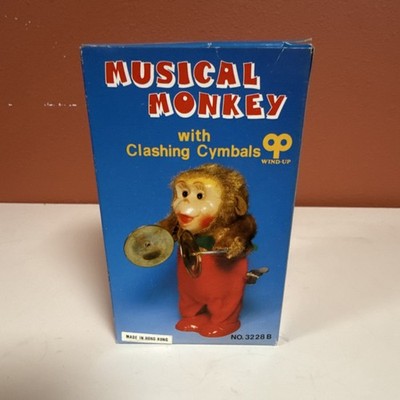 Vintage Musical Monkey Wind-up Toy with Clashing Cymbals Red Overalls Boxed