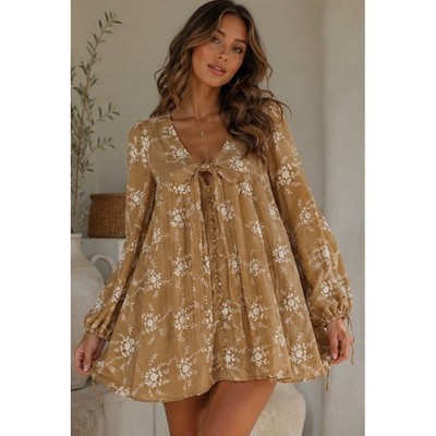 EB Luxe Los Angeles Floral Embroidered Babydoll Mini Dress cottagecore Small