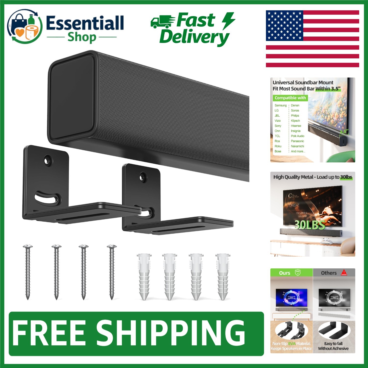 Universal Soundbar Wall Mount - Supports Up to 30 lbs for Cl