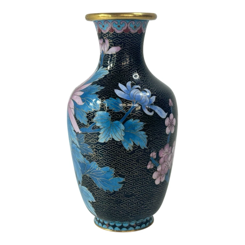 Jarrón antiguo chino de latón cloisonné esmalte negro rosa hojas azules loto Foto 2 de 4