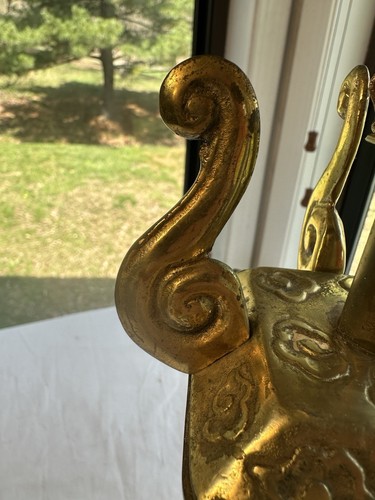 Vintage Heavy Asian Brass Foo Dog Lamp With Scrolls Lamp Works 27" Tall MCM - Picture 8 of 9