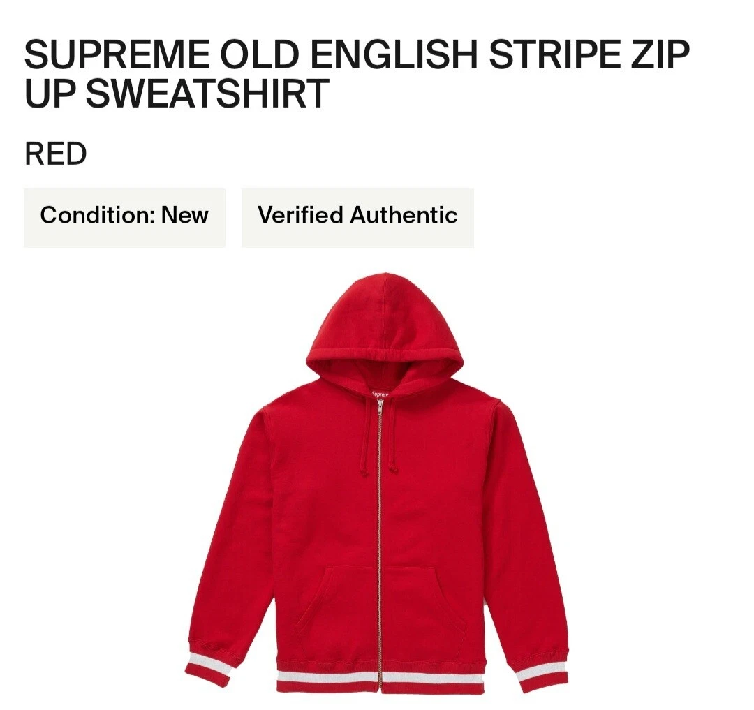 Sweat shirt à capuche Supreme Old English à rayures zippées taille grand DS authentique 