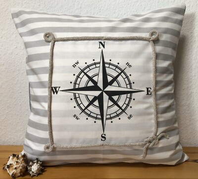 Maritime Kissenhülle,Kissenbezug, Kissen *Kompass * Grau/weiß gestreift 40x40cm