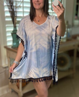 Tie Dye Beach Cover Up Pool Chic Boho Tassel Hem Mini Vibrant Vacation Blue OS