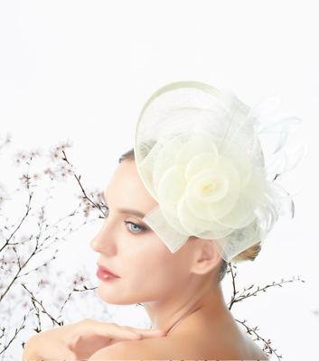 Elegant Ivory Feathered Fascinator Natural Straw Fascinator Hat With Ivory Feather Flower  main image 3