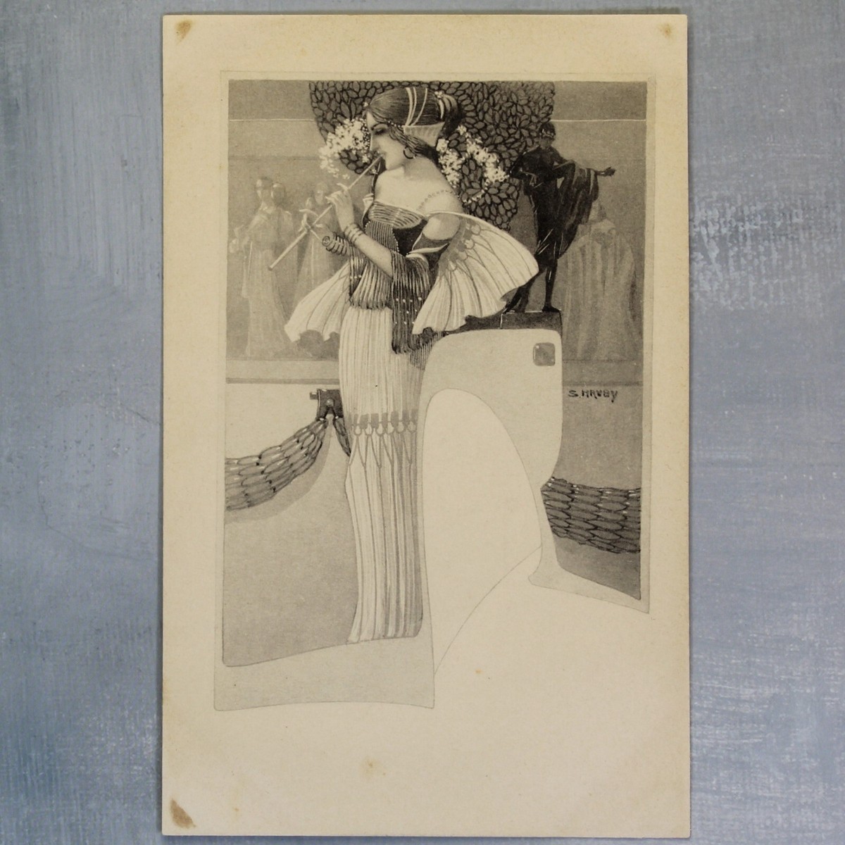 Nymph music pipe Figures Antique postcard 1907s Art Nouveau by