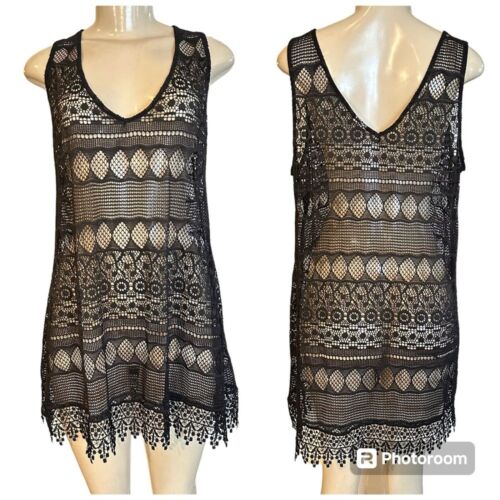 OP BLACK CROCHET LACE PULLOVER SLEEVELESS BEACH COVER UP XL (15-17) SEETHROUGH