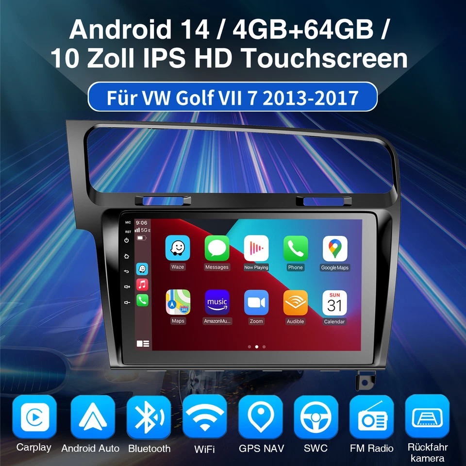 DAB+ Für VW Golf VII MK7 2014-2017 Autoradio CarPlay Android 14 4+64G GPS SAT BT - Bild 2 von 4