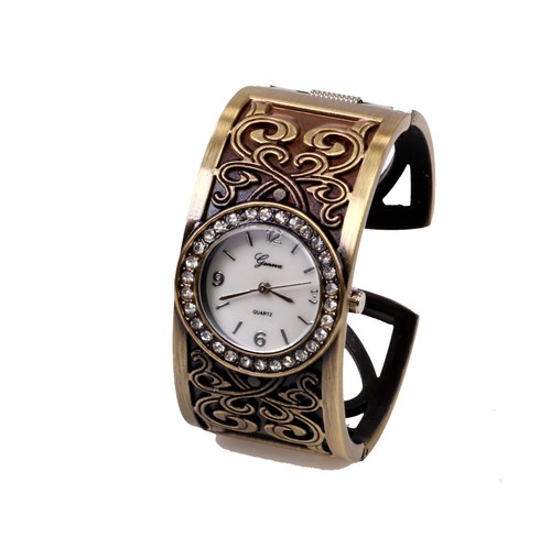 Women's Western Style Brass Finish Fashion Bangle Cuff Watch Heart Love Band - Picture 6 of 9