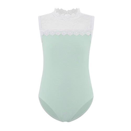 Girls Ballet Leotards Lace Collar Sleeveless Bodysuit with Sheer Mesh Gymnastics - Picture 15 of 150