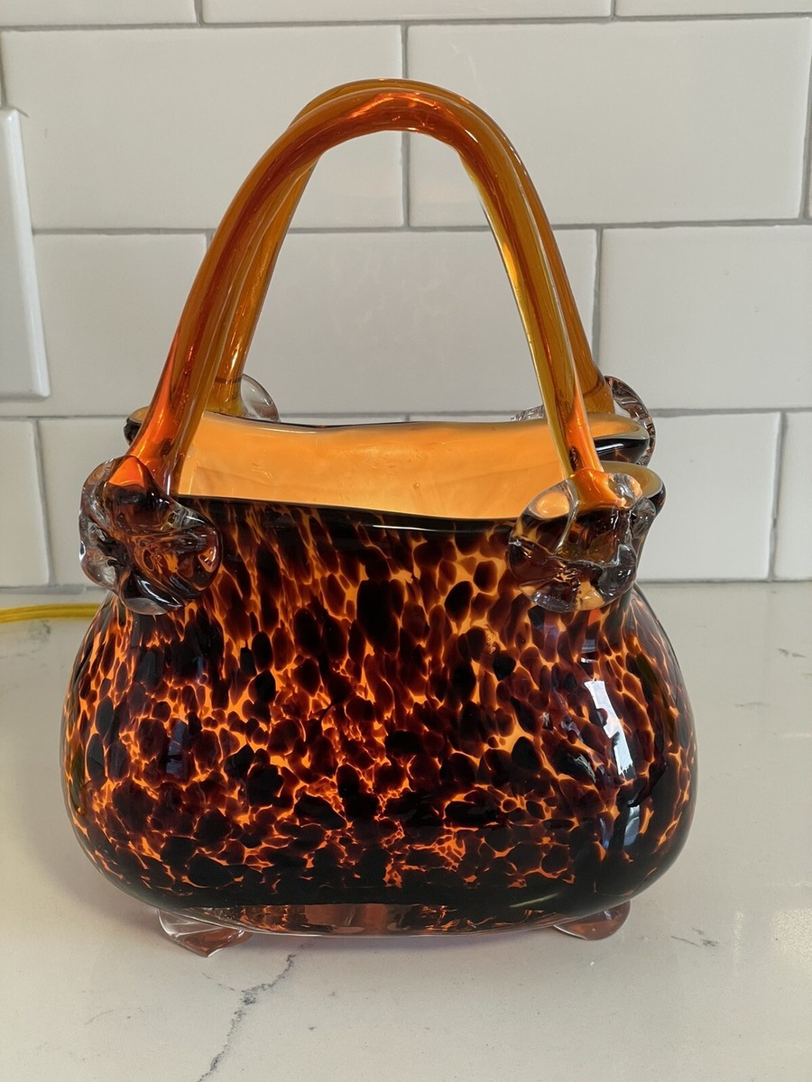 Murano Style-Glass Purse-Hand Blown Studio Art Glass Amber Leopard