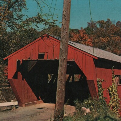 Taftsville Vermont Covered Bridge Postcard Fall Countryside Vtg Red Barn Wood VT