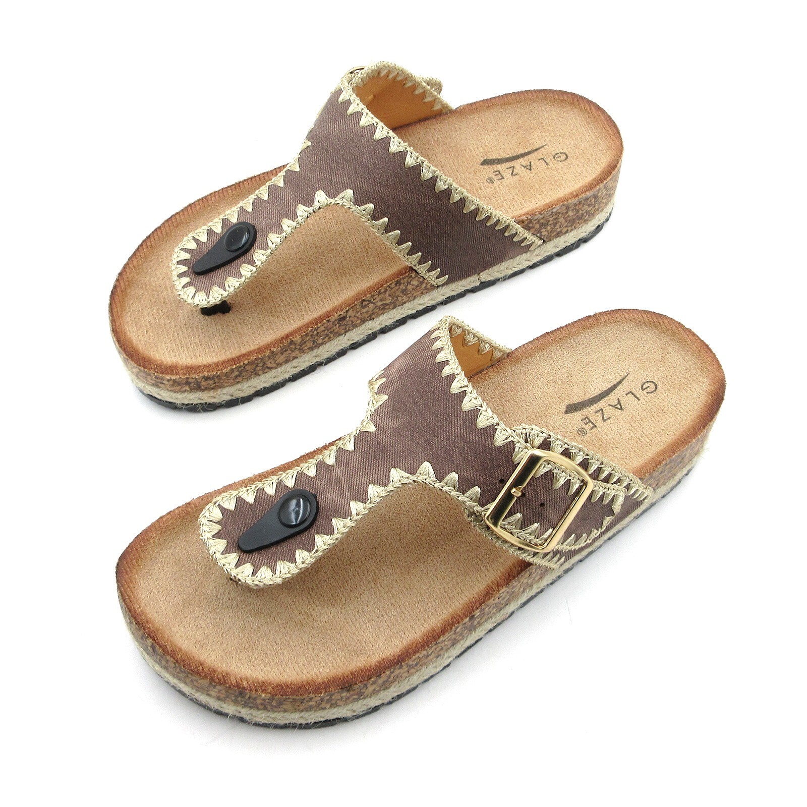 Lurnyet Women's Comfort Cork Footbed Thong Sandals with Gold Buckle Strap